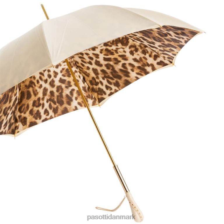 unisex PASOTTI 189 52417-11 z5 - cremehvid paraply med leopardprint, dobbelt klud 824L2424